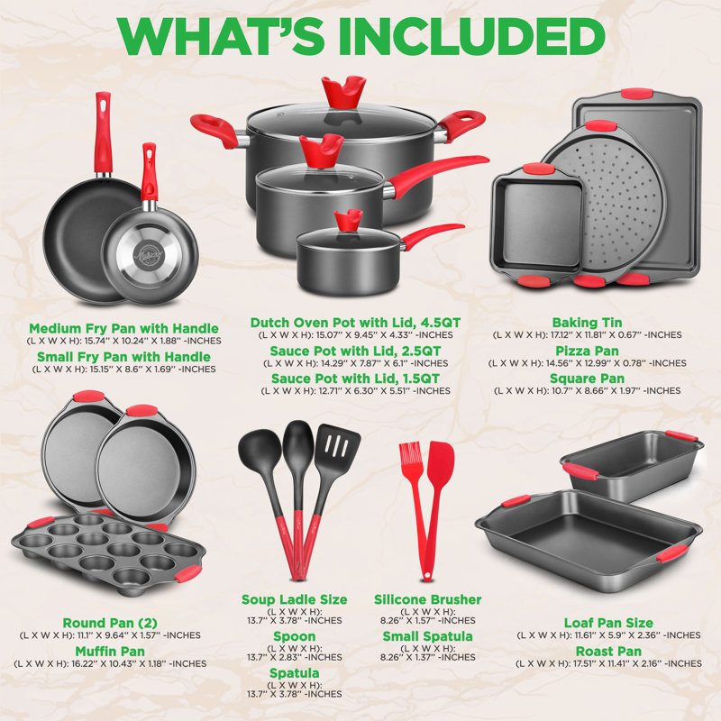 NutriChef 21-Piece Black and Red Non-Stick Cookware Set