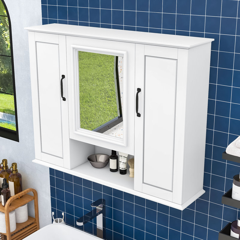 Armoire de salle de bain murale à miroir avec tablettes réglables, Blanc