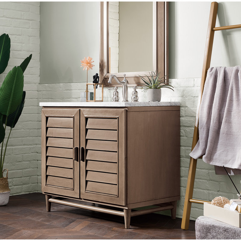 Portland 36'' W Single Vanity, Whitewashed Walnut, White Zeus, 8" Widespread