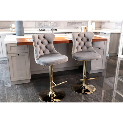 2 Beige Velvet Bar Stools - Modern Upholstered With Backrests, Adjustable 25-33 Inch Seat Height For Home Pub And Kitchen Island, Largest Stable Base 17.7 25 33 Seat, Backs ( Of 2