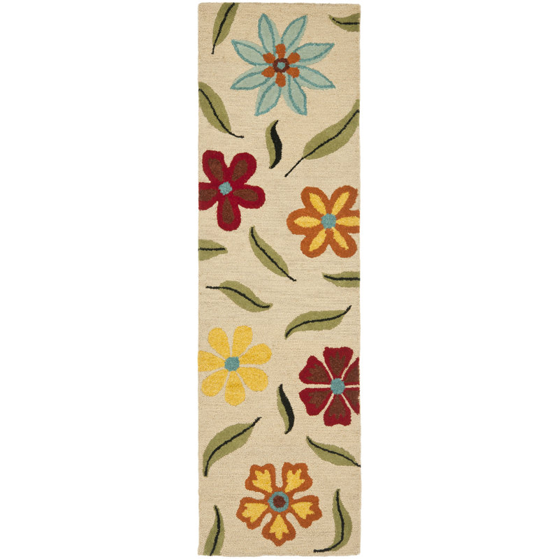 Tapis beige en laine bouclé à la main Emrick, Tapis de couloir 2 pi 3 po x 12 pi