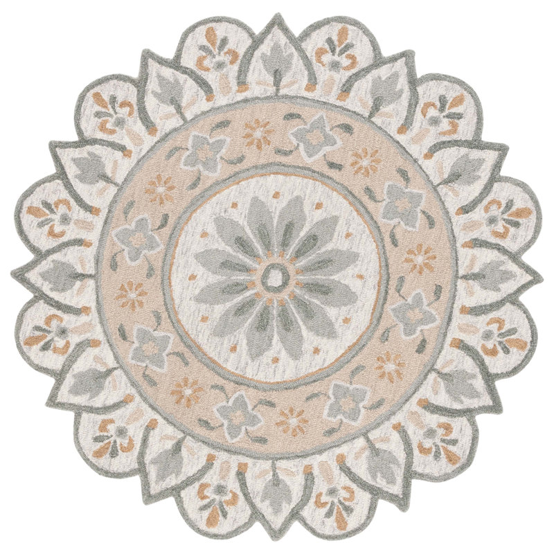 Novelty Tufted Wool Cotton Floral Rug in Ivory/Beige, Round 5'