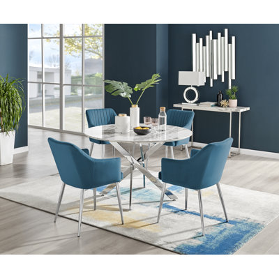 Tierra Modern Chrome Metal & Glass Round Dining Table Set with 4 Luxury Button Velvet Chairs