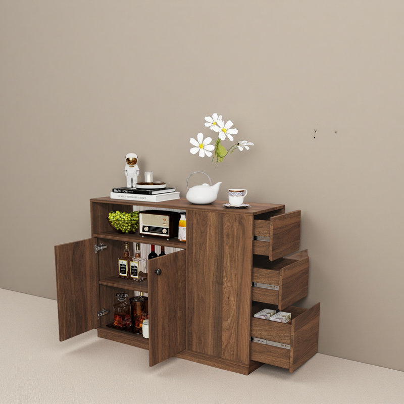 Buffet de cuisine, petit organisateur de comptoir, armoire de table avec 2 portes coulissantes en verre, 3 tiroirs latéraux et 1 petite tablette de présentation