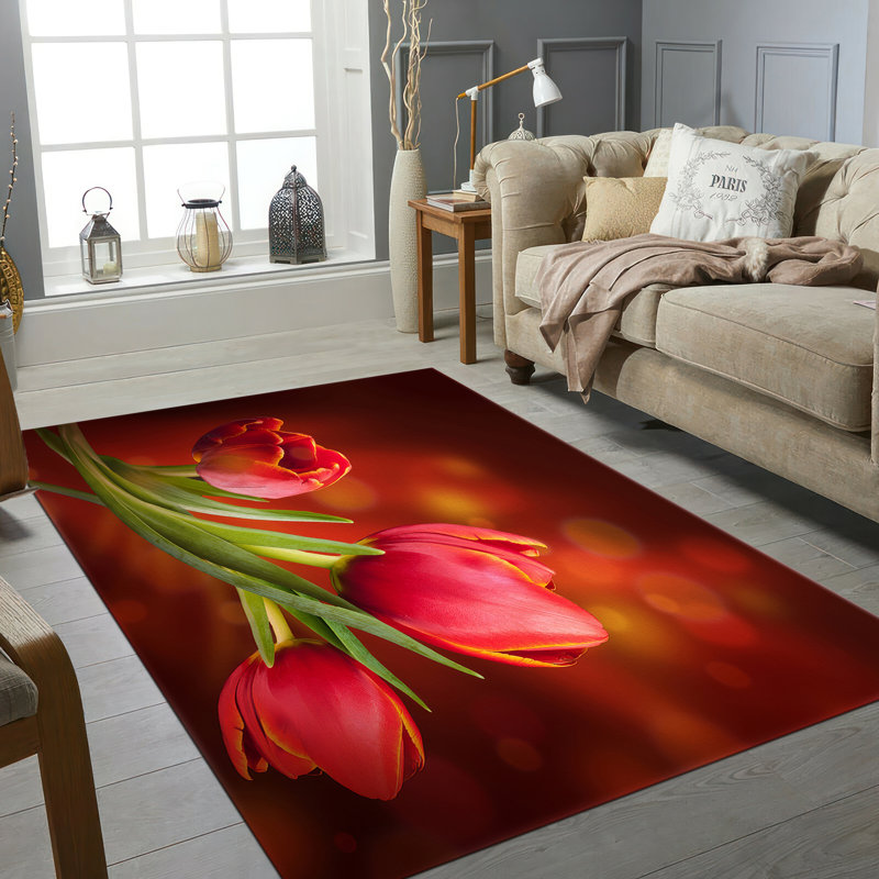 Floral Printed Non Woven Soft Type Rug with Scalloped Edge Detail for Elegant Home Décor, Rectangle 7.9" x 1'