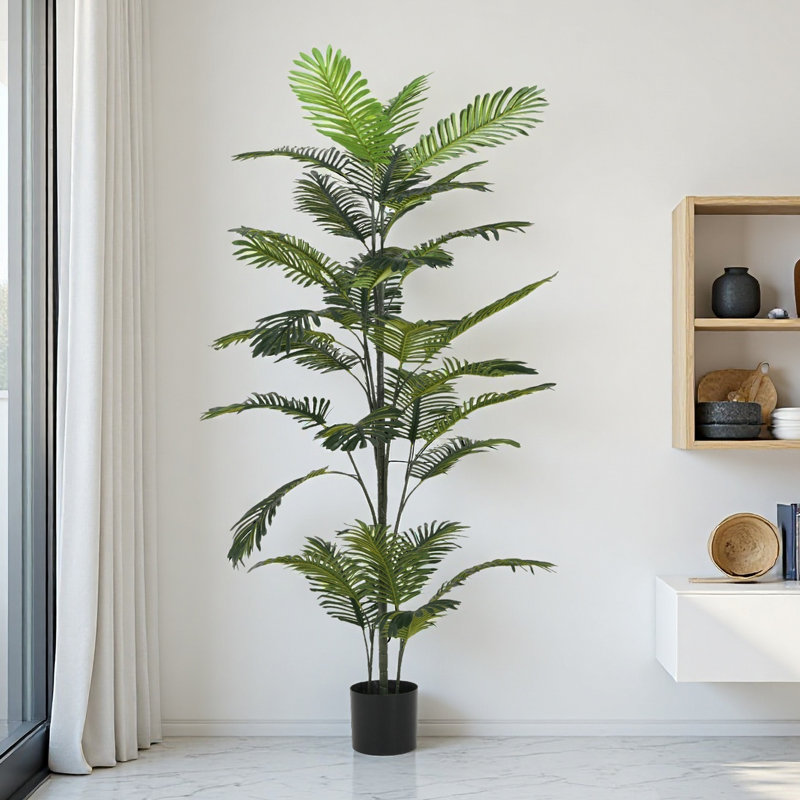 Grand palmier artificiel 86 pouces avec pot en plastique noir - Faux arbre tropical pour la décoration intérieure