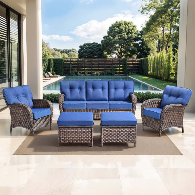 Ensemble de conversation d'extérieur en osier pour 7 personnes avec coussins et 2 chaises longues Teebeck, Bleu