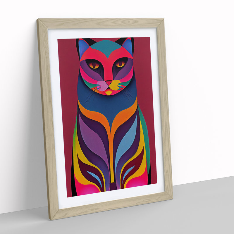 Vibrant Cat Abstract - Wall Art, 66cm H x 48cm W, Oak Picture Frame, White
