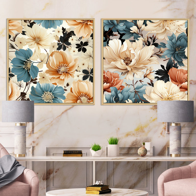 Gardiner - Ensemble de 2 collages carrés floraux, Cadre flottant brun, H 36 po x l 73 po