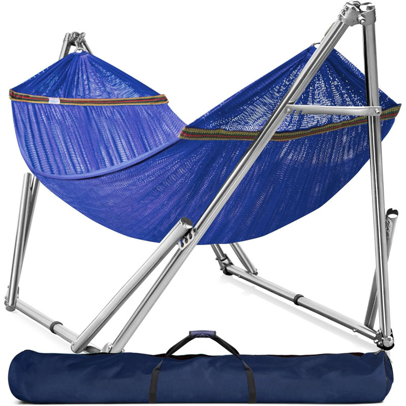  Hamac double avec support Capacité de 650 lb Hamac double avec barre d'écartement, acier inoxydable de qualité 201, installation des années 30, support de hamac flexible et portable (bleu)