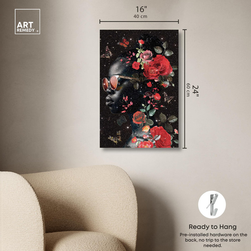 «Red Glam In Floral and Sparkle Canvas Glam Women» par Art Remedy, Toile tendue, H 24 po x l 16 po