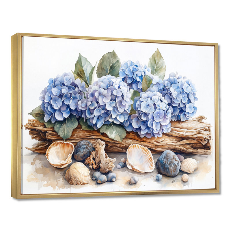 Domoni hortensias et bois flottant, H 34 po x l 44 po, Impression encadrée flottante, Doré