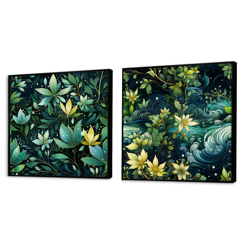 Natures Meditation Mediation - Ensemble de 2 collages carrés botaniques abstraits, Cadre flottant noir, H 16 po x l 33 po