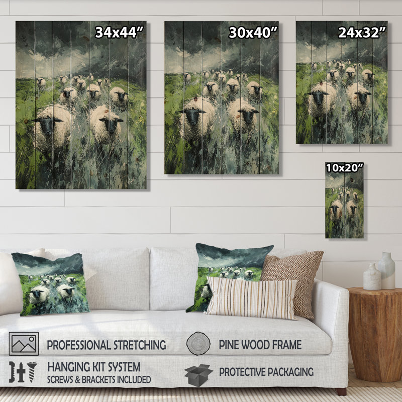 Stormy Pasture Of Sheep II - Impression sur bois de mouton - sur bois de pin naturel, H 40 po x l 30 po x P 0,78 po