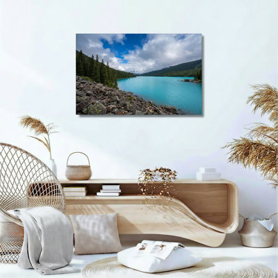 «Mountain Lake» avec eau turquoise et rivage rocheux, art mural