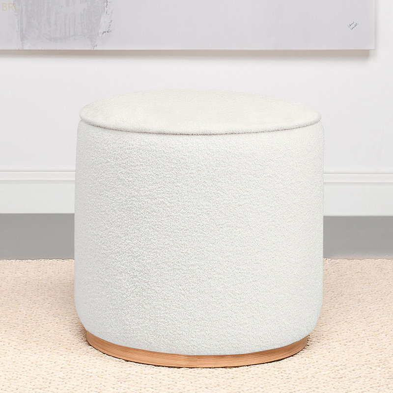 Faux Sheepskin Upholstered Round Ottoman, Ivory