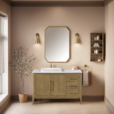 OVE Decors Meuble-lavabo autoportant en chêne brun clair avec comptoir en quartz blanc et quincaillerie or brossé