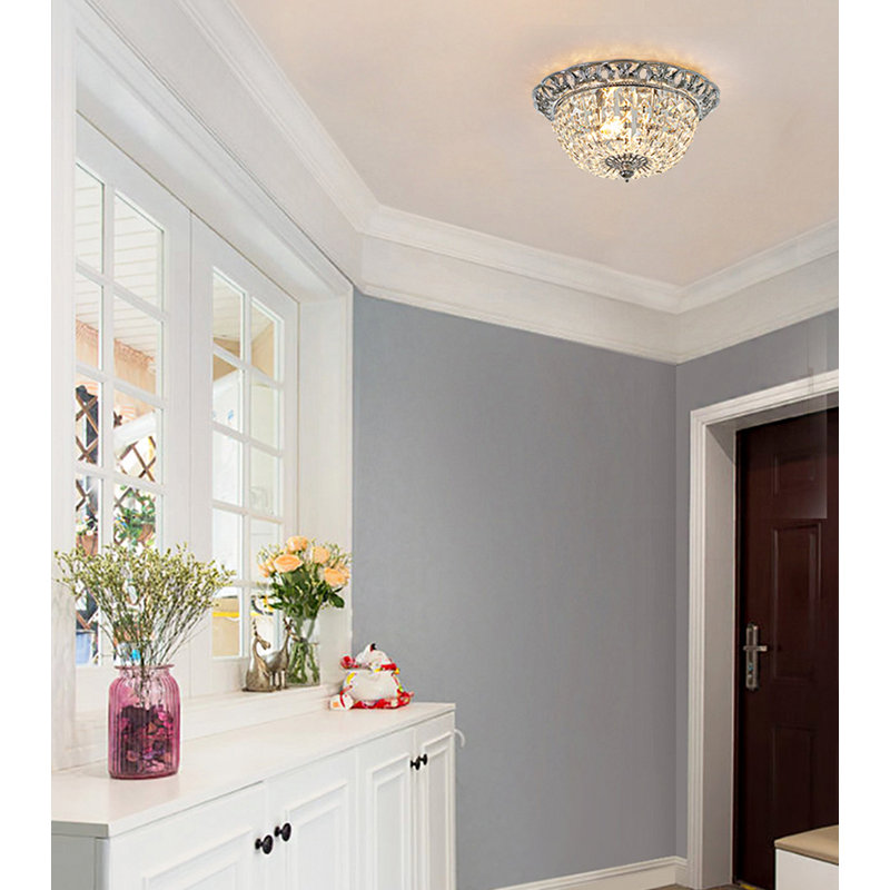 2-Light Chrome Flush Mount With Clear Hanging Crystals