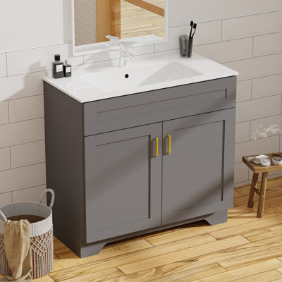 Meuble-lavabo de 36 po avec lavabo, meuble-lavabo à double porte en bois Farmhouse, meuble-lavabo sur pied avec lavabo en céramique (peinture, gris, 36 po)