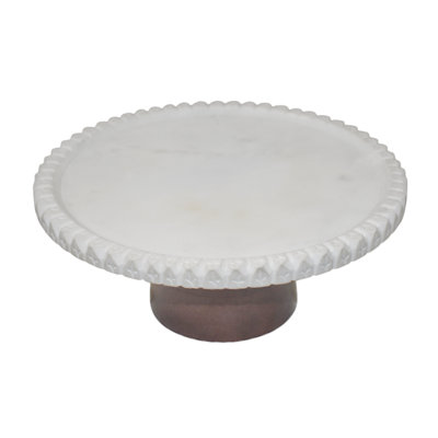 11In Platter Cake Stand White Marble With Wooden B
