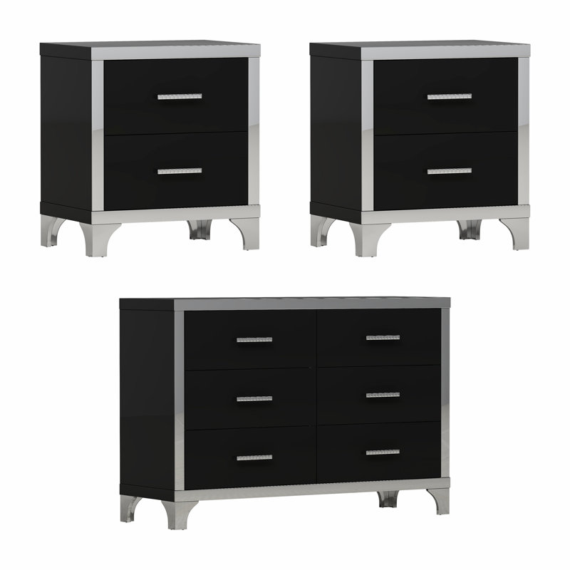 Ensemble de chambre à coucher 3 pièces, une commode et deux tables de chevet, Noir