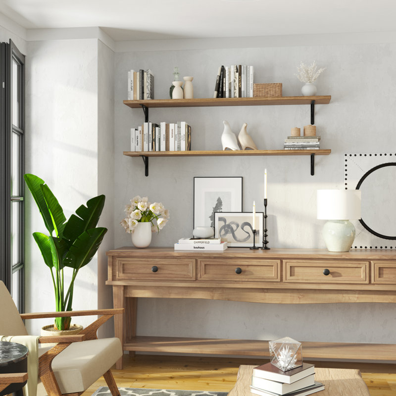 60" X 10" Wall Bookshelf, Floating Shelf For Living Room & Home Office Decor, Wall Mounted Shelf, Hanging Shelf For Wall, 1" Thick Real Wood Board, Burnt