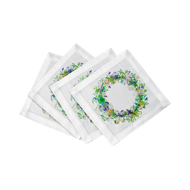 Wreath Flowers Hemstitch Cocktail 6" Linen/Cotton Napkin, Green