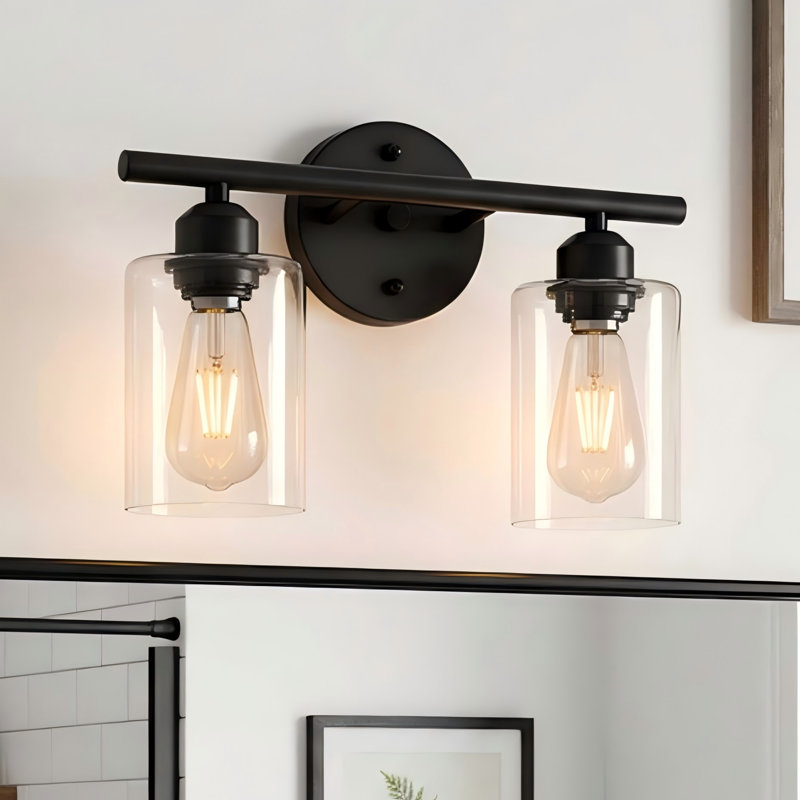 Berumen Bathroom Glass Vanity Light, Clear, 2 Lights, Matte Black
