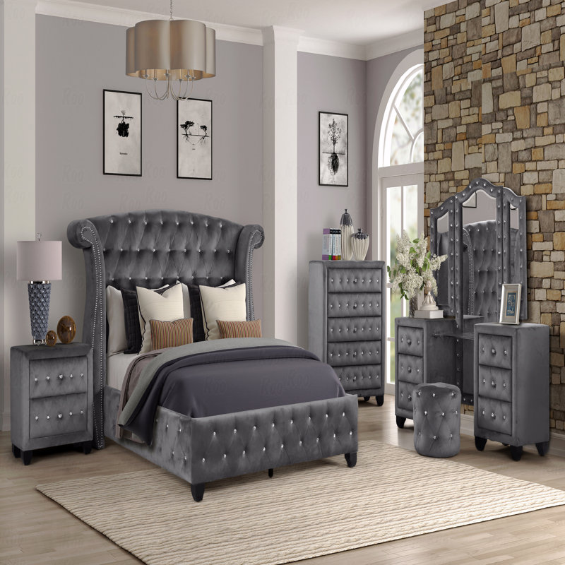 Table de chevet 2 tiroirs, décor moderne en cristal capitonné et revêtu de tissu de velours, Gris