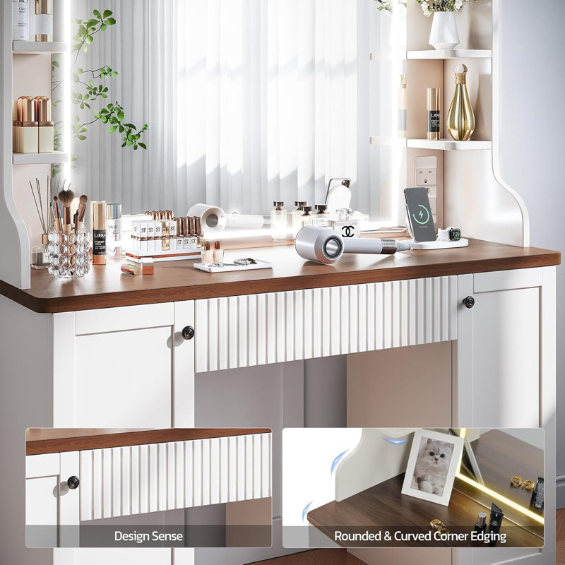 Coiffeuse avec miroir et tiroirs à luminosité réglable, Brun / beige