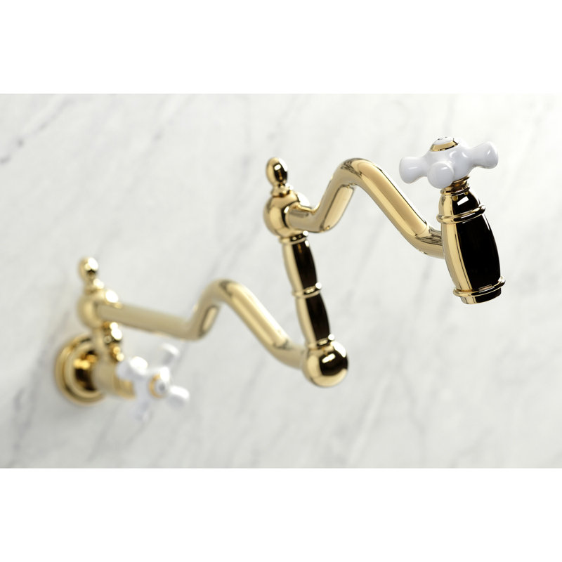 Kingston Brass Heritage Two-Handle 1-Hole Wall Mount Pot Filler Faucet, Polished Brass