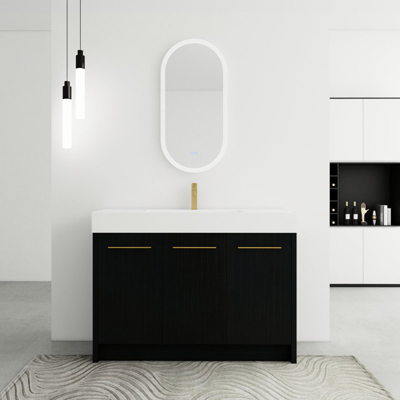 Armoire de salle de bain 48 po avec lavabo en résine, porte silencieuse, élément moderne, présentation en châtaignier noir, meuble-lavabo en contreplaqué créé avec style lisse, abat-jour, corps