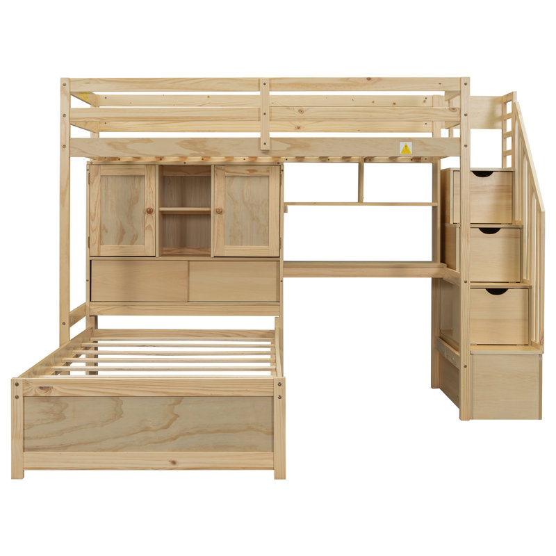 Lit superposé en L avec bureau et système de rangement, Naturel