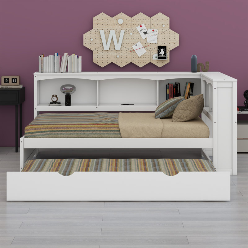 Lit de jour avec lit gigogne, armoires de rangement et ports USB, Blanc