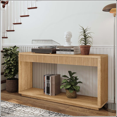 Console cannelée moderne à 2 tiroirs de 60 pouces avec placage en bois naturel, parfaite pour le salon, le couloir, l'entrée et le bureau