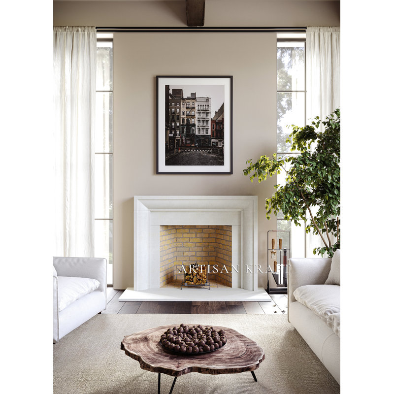 Cadre de cheminée en pierre Nashville avec foyer biseauté, 7,5 po x 68 po x 52 po, Beige