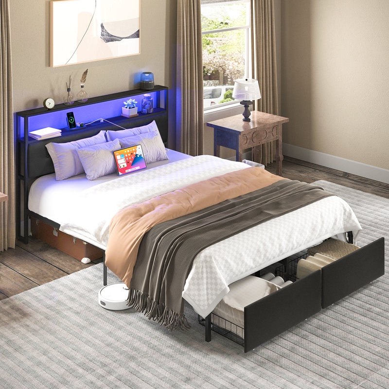 Tremel Bed Frame with Headboard, Metal Platform Bed Frame, Storage Bed with Charging Station, Full / Double
