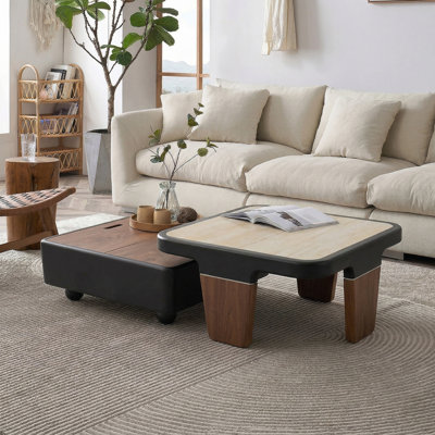 Mid-Century Modern Nesting Coffee Table, Faux Travertine Top with Walnut Finish, Extendable Design, 31.5" Main Table