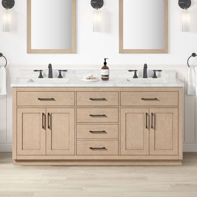 Athea 72 in. Double Sink Freestanding Sahara Birch Bathroom Vanity, White Engineered Marble Top, Matte Black Hardware