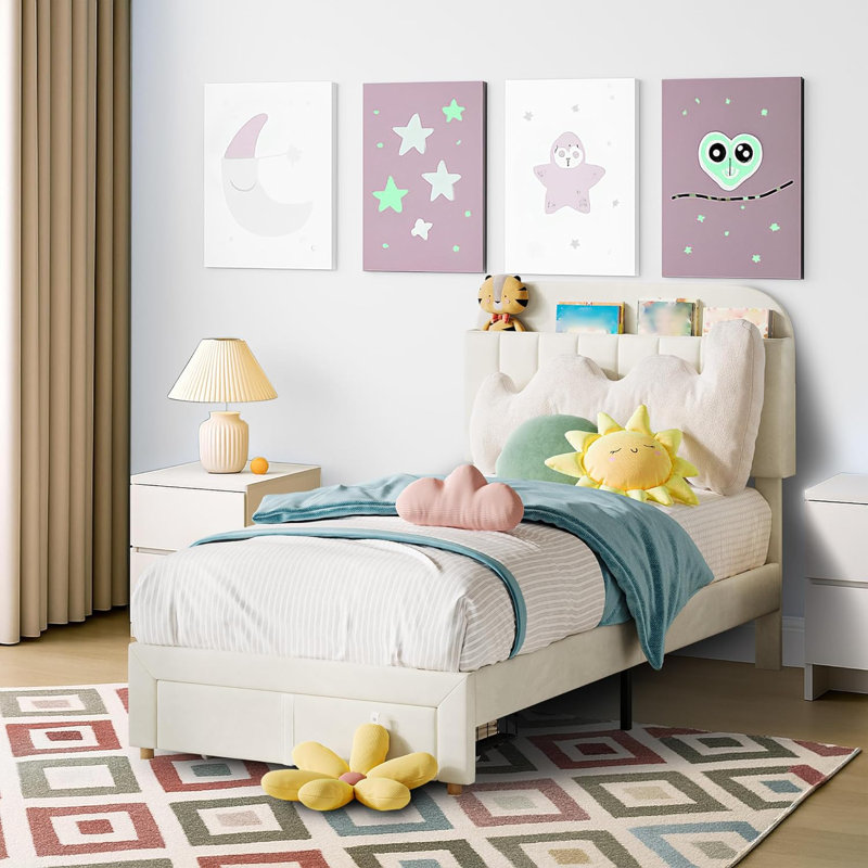 Twin Platform Bed with Velvet Upholstered Bookcase Headboard, Heavy Duty Steel Frame , White, White