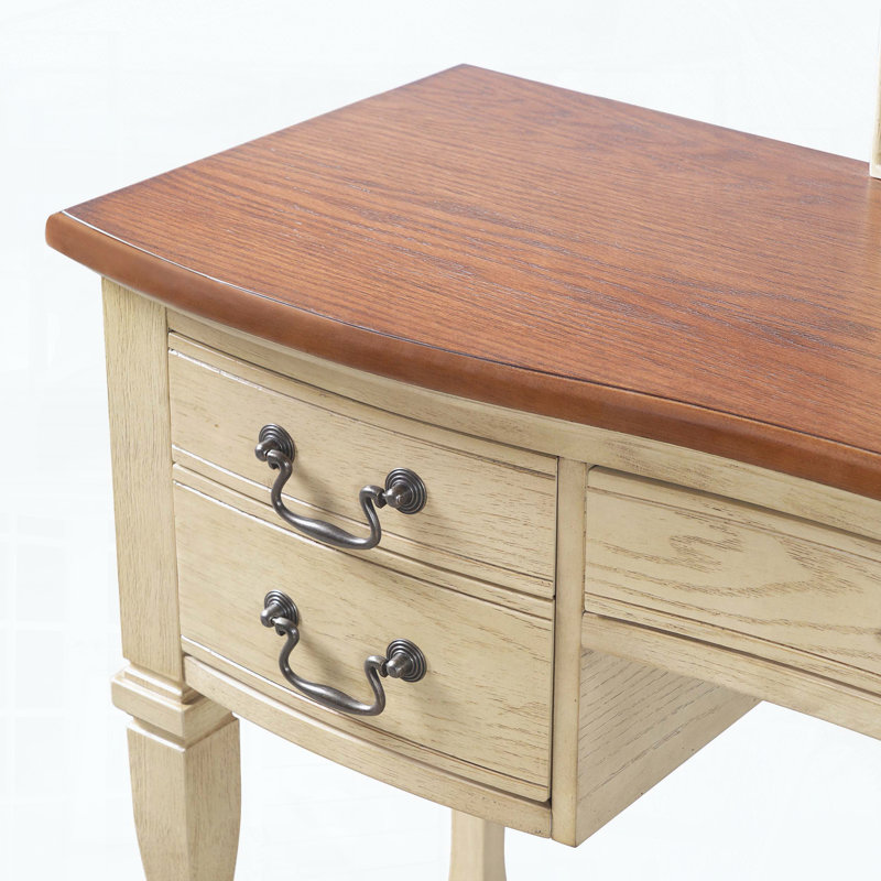 Vintage Makeup Vanity with Curved Flower Frame Mirror, 5 Drawers, Leather Stool, and Solid Wood Legs