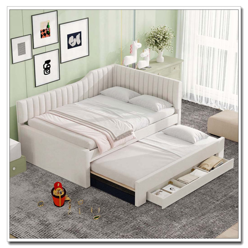 Upholstered Daybed with Trundle and Three Drawers, Beige, Full/Double