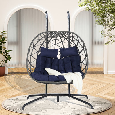 Double Outdoor Egg Swing Chair: Hand-woven , . Iron Frame, 600 Lbs Capacity. Cushions Included. Fits Patio, Balcony, Bedroom Chair For Spaces: , Soft Cushion. Bedroom. Supported