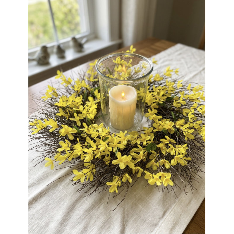 Faux Silk Spring Forsythia Wreath, 15'' H x 15'' W x 4'' D