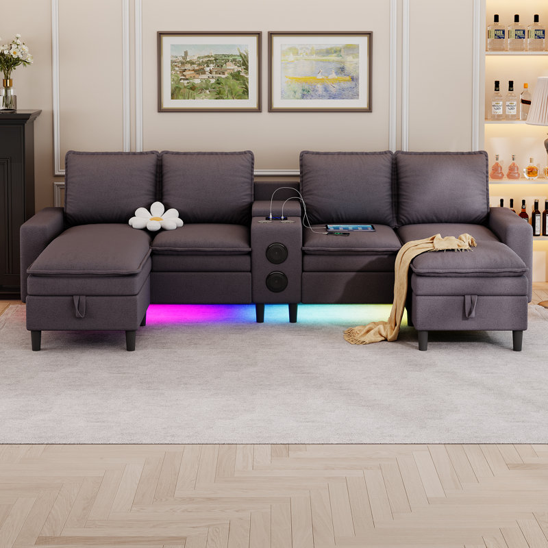 4 Seat Sectional Sofa With Smart Module-bluetooth Speaker/rgb Light/charging Station, 120" Teddy Fleece Fabric Sectional Couches For Living Room