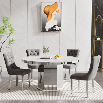 Round Faux Marble Dining Table Set, 47.24"-63" Extendable Oval Dining Table & Tufted Velvet Chairs, Modern Mirrored Kitchen Dining Room Table and Chairs Set