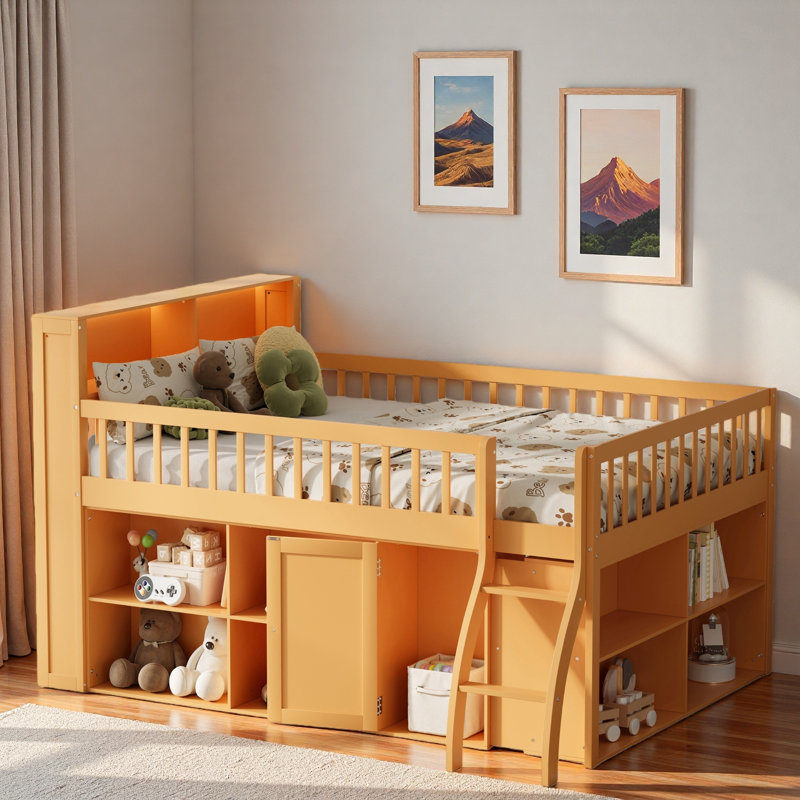 Space-saving Loft Bed With Storage Shelves, Headboard With Led Light, Full, Natural