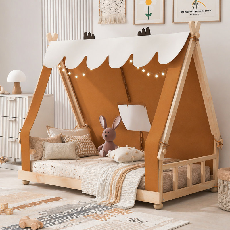 Lit simple avec tente et lumière, Brun
