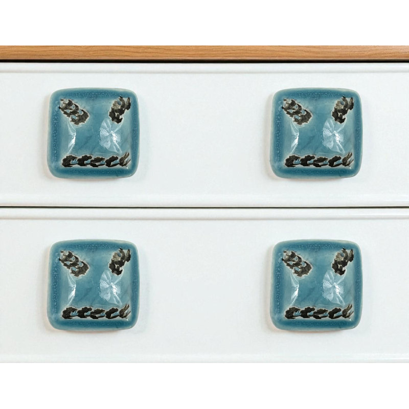 Set of Six Distressed Teal Ceramic Square Drawer Pull Knobs
