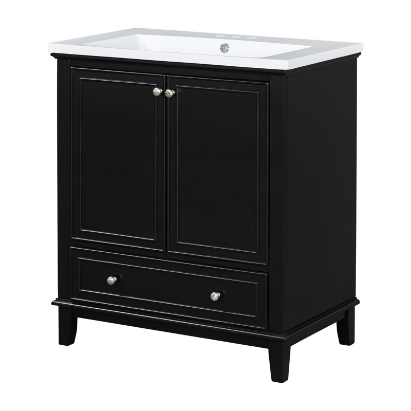 Armoire de salle de bain 30 "avec lavabo - noir, bois massif et meuble-lavabo à tablette réglable en céramique noir, Noir